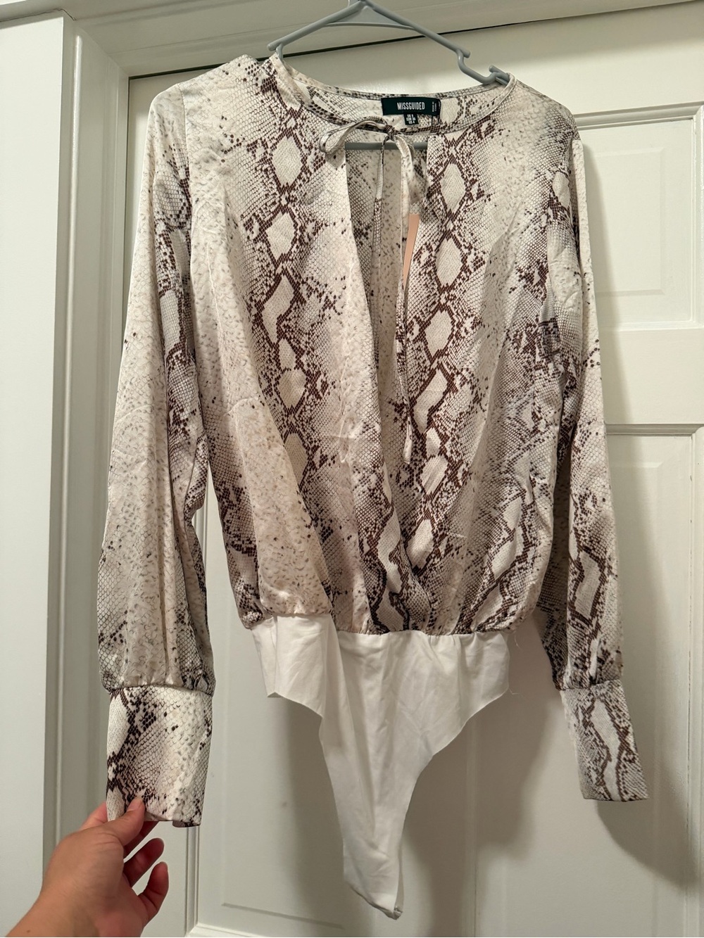Missguided Snake Print Wrap Bodysuit in Cream and Brown